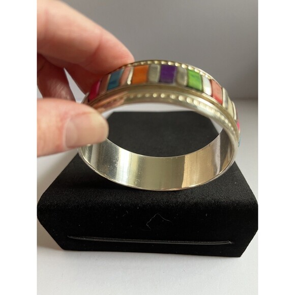 Brass Bangle Bracelet Enamel Colorful Stones 2.75" Wide - Picture 5 of 7